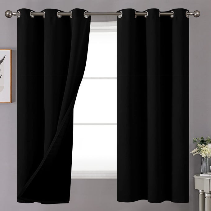BLACK 100 BLACKOUT CURTAINS 63 INCHES LONG FOR BEDROOM 2 THICK LAYER FULL LIGHT BLOCKING WINDOW DRAPES WITH THERMAL INSULATED LINER FOR KIDS NURSERY 2 PANELS 42 X 63 INCH