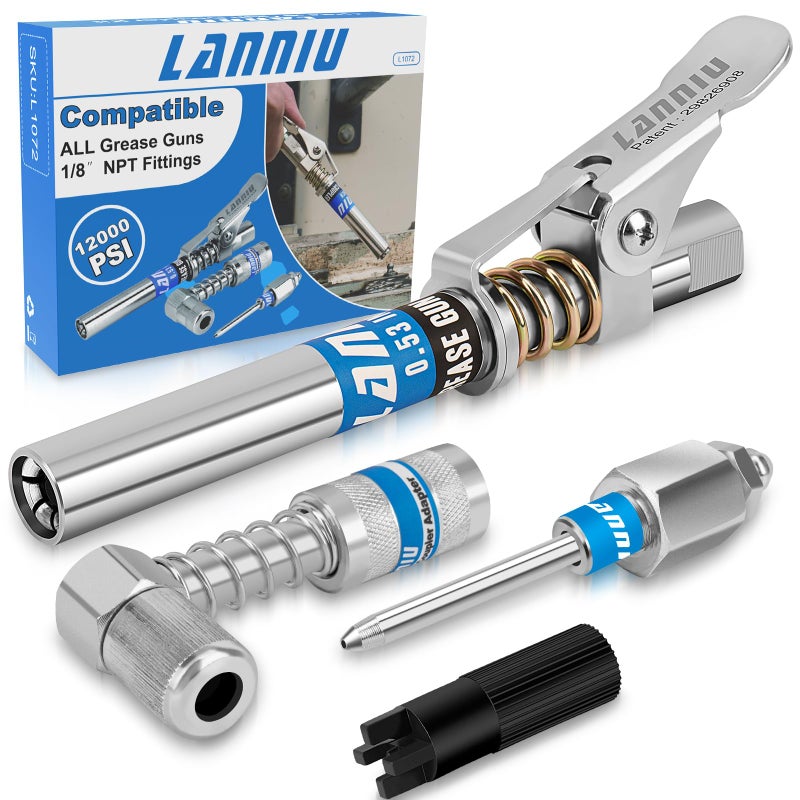 LANNIU Grease Gun Coupler Kit 12000 PSI Strong Lock Grease Coupler with 90 Degree Grease Coupler Adapter Grease Needle Tip Heavy Duty Lubrication Grease Gun Tips for All 18 NPT Fittings - Image 3