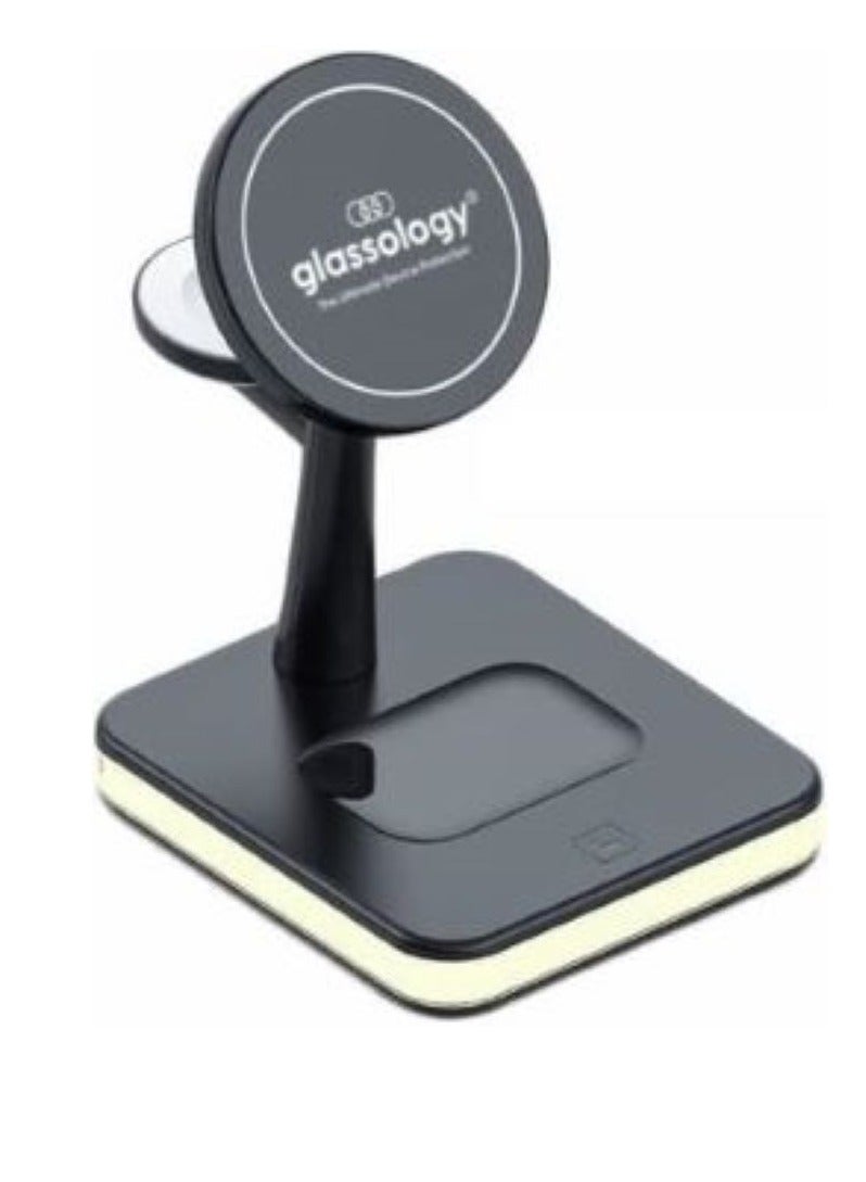 جلاسولوجي 4 in 1 25W Multifunctional Wireless Magnetic Charger Compatible with iPhone 12,13,14, Apple Watches, and AirPods, PD & QC3.0, Built-in LED Lamp, Adapter Included Black - Image 2