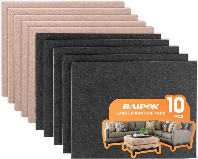 BAIPOK Felt Furniture Pads 10pcs 8" x 6" Adhesive Large Felt Pads, Cuttable Chair Leg Pads, Hardwood Floor Protectors for Furniture (Black 5 Pcs + Beige 5 Pcs) - Image 1