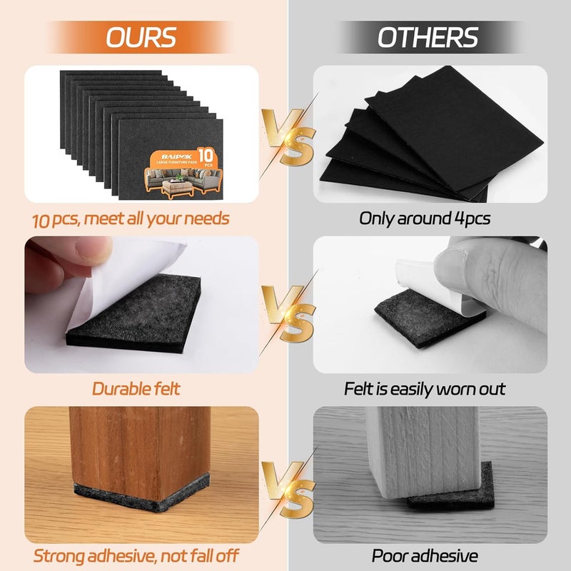 BAIPOK Felt Furniture Pads 10pcs 8" x 6" Adhesive Large Felt Pads, Cuttable Chair Leg Pads, Hardwood Floor Protectors for Furniture (Black 5 Pcs + Beige 5 Pcs) - Image 2