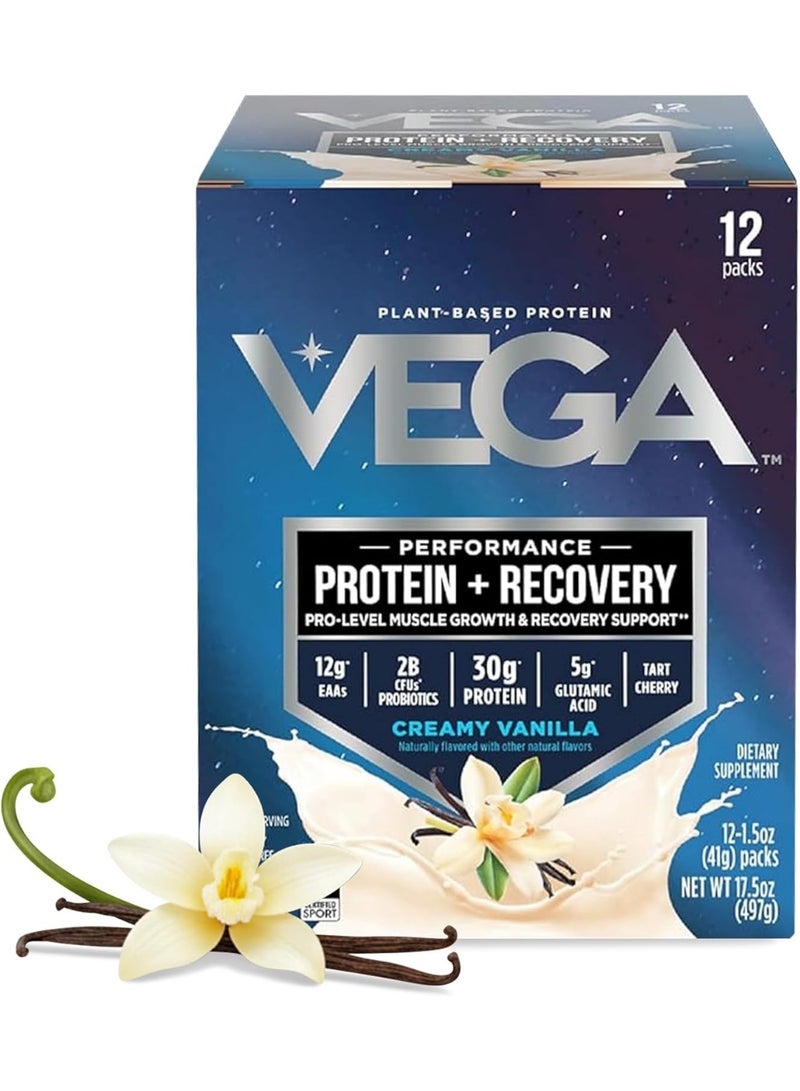 Vega, Plant-Based Protein, Performance Protein + Recovery, Creamy Vanilla, 12 Packs, 1.5 oz (41 g) Each