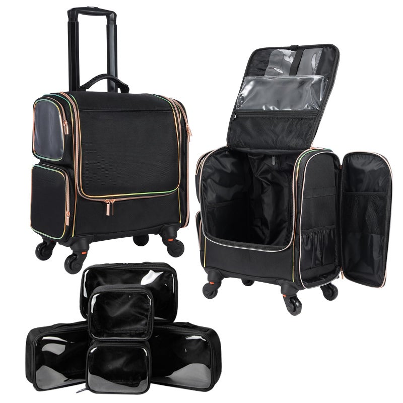 Stagiant Rolling Makeup Train Case, Professional Makeup Case, Travel Cosmetic Organizer Make Up Storage Bag for Makeup Artist, Hairstylist, Barbers, with 5 Toiletry Bags, Black - Image 1