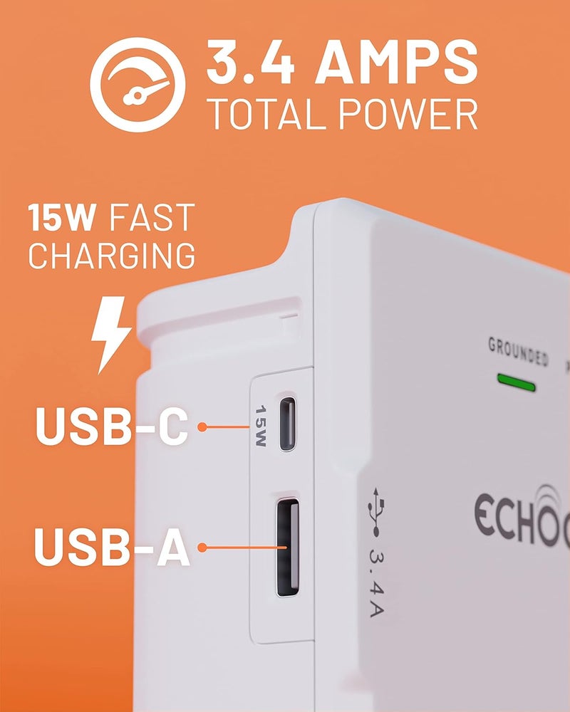 ECHOGEAR Wall Outlet with USB Ports & Surge Protection - Power Protect 8 Devices 6 Rotating AC Plugs 2 Includes 1x USB-C Port USB-A White - Image 3