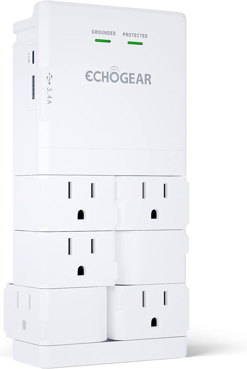 ECHOGEAR Wall Outlet with USB Ports & Surge Protection - Power Protect 8 Devices 6 Rotating AC Plugs 2 Includes 1x USB-C Port USB-A White - Image 1