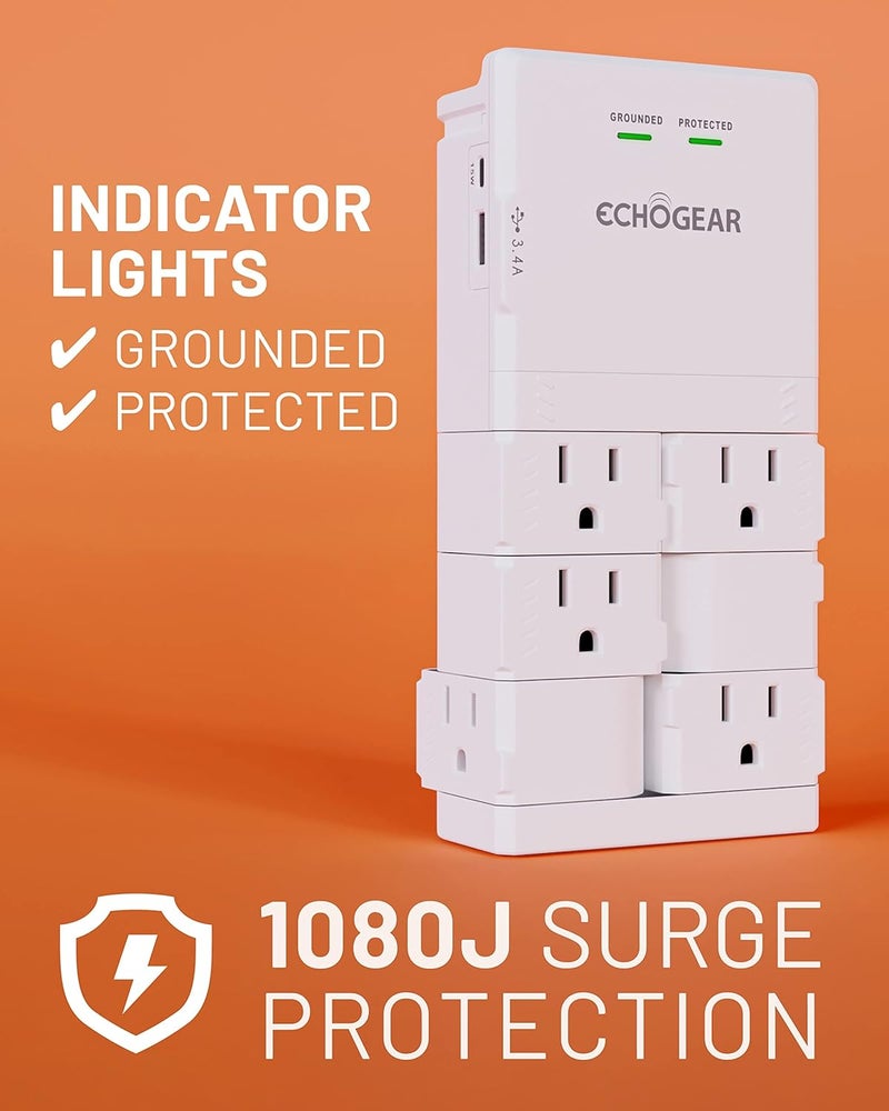 ECHOGEAR Wall Outlet with USB Ports & Surge Protection - Power Protect 8 Devices 6 Rotating AC Plugs 2 Includes 1x USB-C Port USB-A White - Image 4