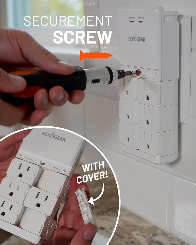 ECHOGEAR Wall Outlet with USB Ports & Surge Protection - Power Protect 8 Devices 6 Rotating AC Plugs 2 Includes 1x USB-C Port USB-A White - Image 5