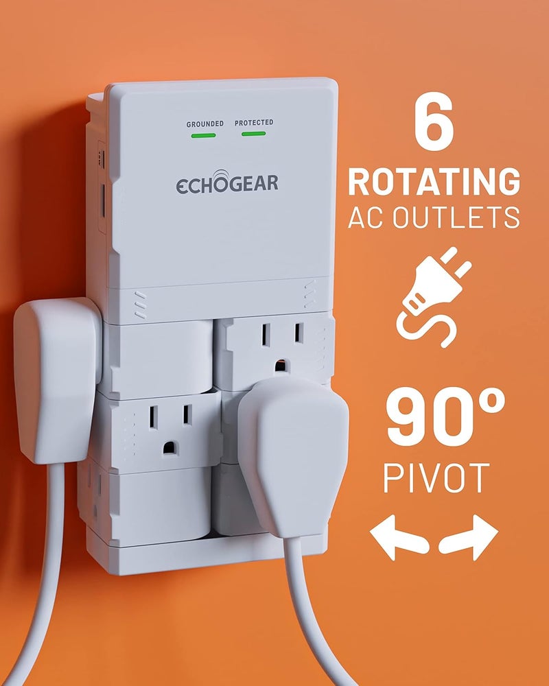 ECHOGEAR Wall Outlet with USB Ports & Surge Protection - Power Protect 8 Devices 6 Rotating AC Plugs 2 Includes 1x USB-C Port USB-A White - Image 2