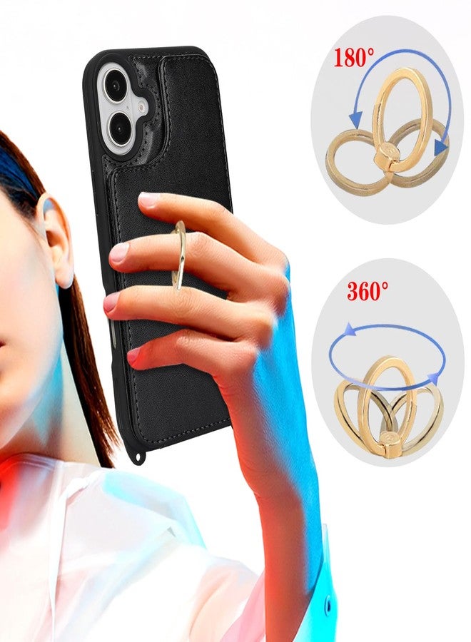 جراب Lipvina لهاتف iPhone 16 مع حامل بطاقات وحزام للنساء، حبل للكتف، حامل حلقي، مشبك كبس، جرابات محفظة هاتف لطيفة 6.1 بوصة (أسود) - Image 3