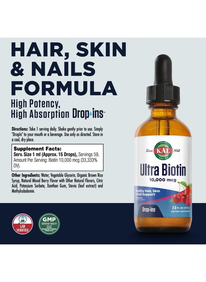 KAL Ultra Biotin Drop Ins Hair, Skin & Nails Formula Mixed Berry Flavor 10,000 mcg - Image 2
