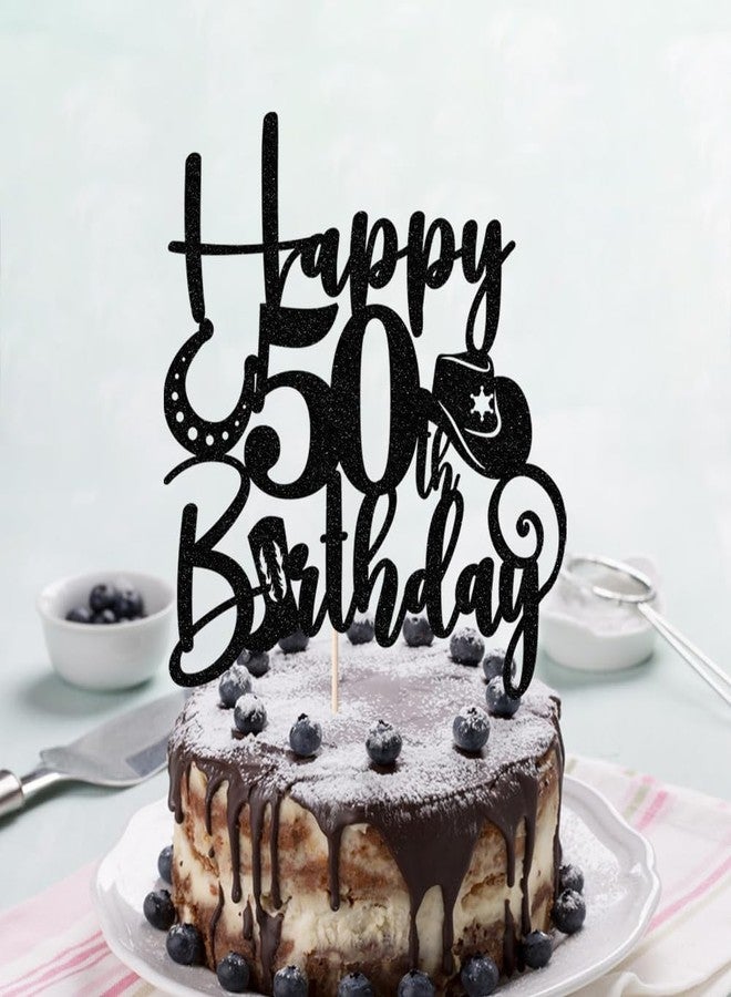 Kaoenla Glitter Black "Happy 50th Birthday" Cowboy Themed Cake Topper - Western Style Party Decoration for 50th Birthday & anniversary photo props Celebration - Image 2
