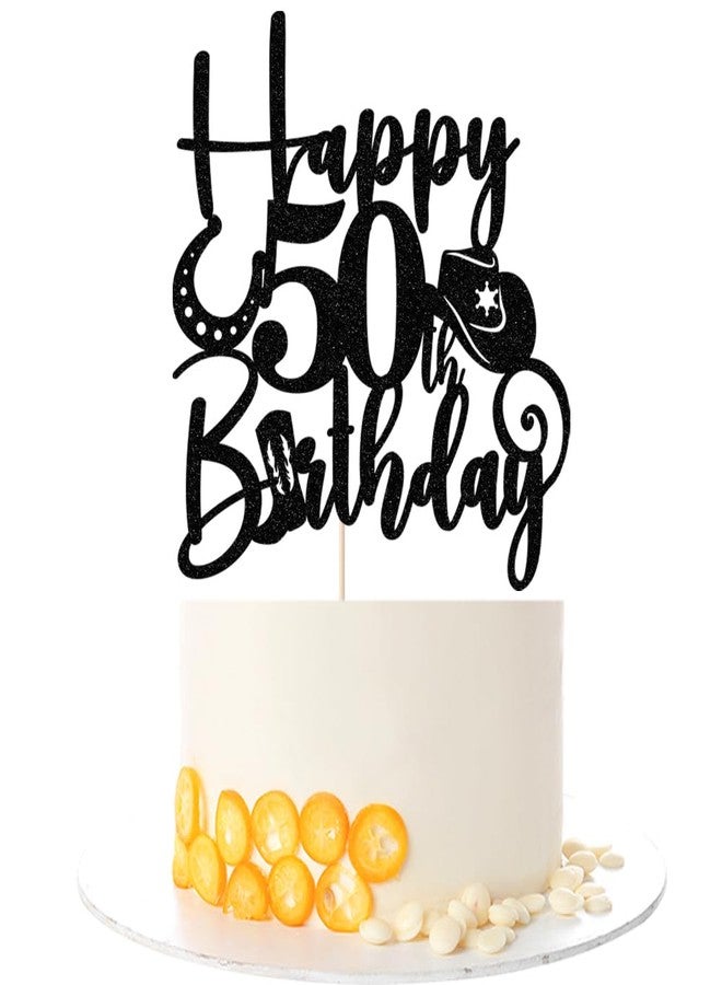 Kaoenla Glitter Black "Happy 50th Birthday" Cowboy Themed Cake Topper - Western Style Party Decoration for 50th Birthday & anniversary photo props Celebration - Image 1
