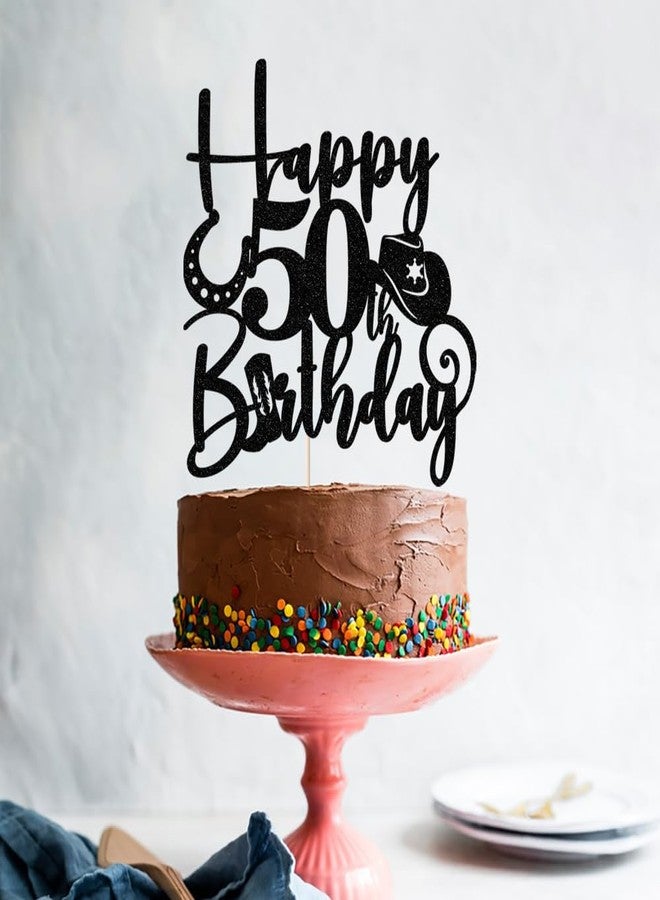 Kaoenla Glitter Black "Happy 50th Birthday" Cowboy Themed Cake Topper - Western Style Party Decoration for 50th Birthday & anniversary photo props Celebration - Image 4