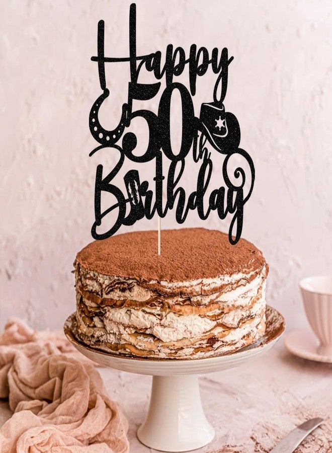 Kaoenla Glitter Black "Happy 50th Birthday" Cowboy Themed Cake Topper - Western Style Party Decoration for 50th Birthday & anniversary photo props Celebration - Image 3