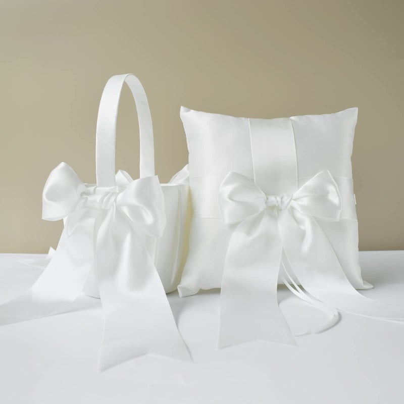 ATAILOVE ATAILOVE Flower Girl Basket and Ring Bearer Pillow Set Cute Cherish Wedding Flower Baskets and PillowIvory 