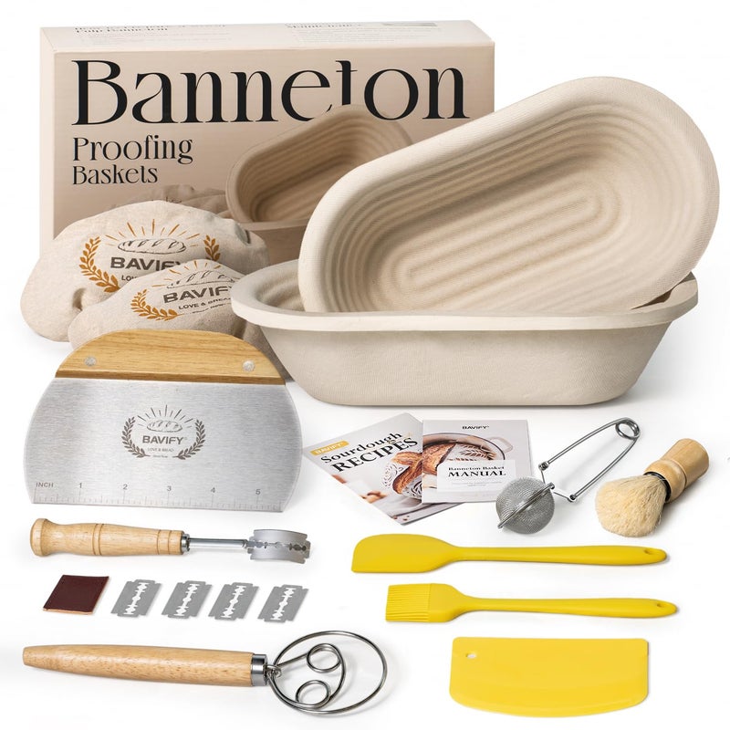 BAVIFY Wood Pulp Banneton Bread Proofing Basket Set, Non-Stick Dough Proofing Bowl for Sourdough, Sourdough Starter Kit Bread Baking Supplies Making Tools (Oval) - Image 1