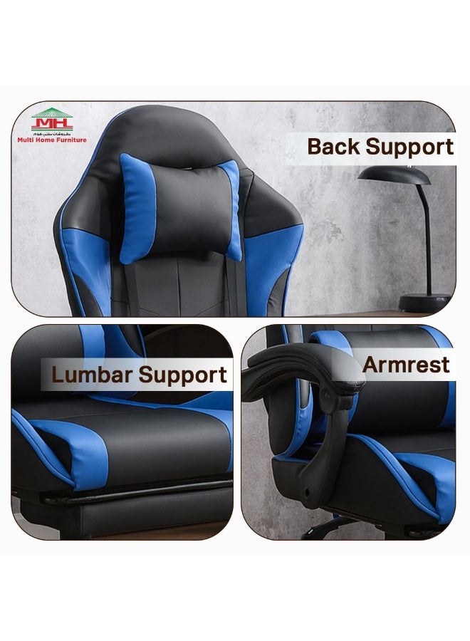 Multi Home Furniture Black & Blue Gaming Chair | Ergonomic Chair High-Back Recliner Chair with Adjustable Footrest & Armrest | Racing-Style Office Chair with Lumbar & Headrest Support for Gaming Setup - Image 3