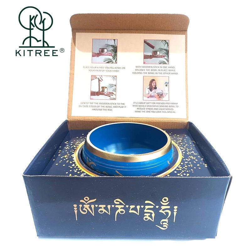 KITREE Singing Bowl | Tibetan Prayer Instrument With Wooden Stick | Authentic Healing Sound Meditation Bowl Set for Deep OM, Music Therapy - 4 Inch Blue - Image 4