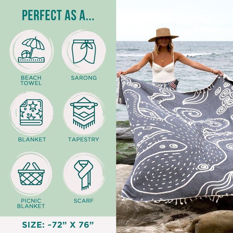 Sand Cloud Extra Large Turkish Beach Towel - Sand Free - 100% Organic Turkish Cotton Yarn - Quick Dry Towel for Beach, Picnic, Blanket or Bath - As Seen on Shark Tank - Marine Life (Ozy) - Image 3