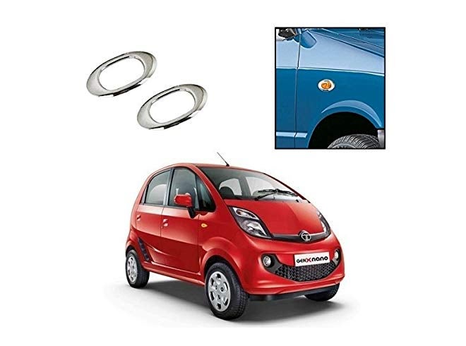 ADHVIK (Set of 2pc) Stylish Car Side Lamp/Indicator Rim Sticker Grill/Jali Type Chrome Finishing Cover (Silver) Color Auto Car Exterior Accessories Suitable for Tata Nano - Image 1