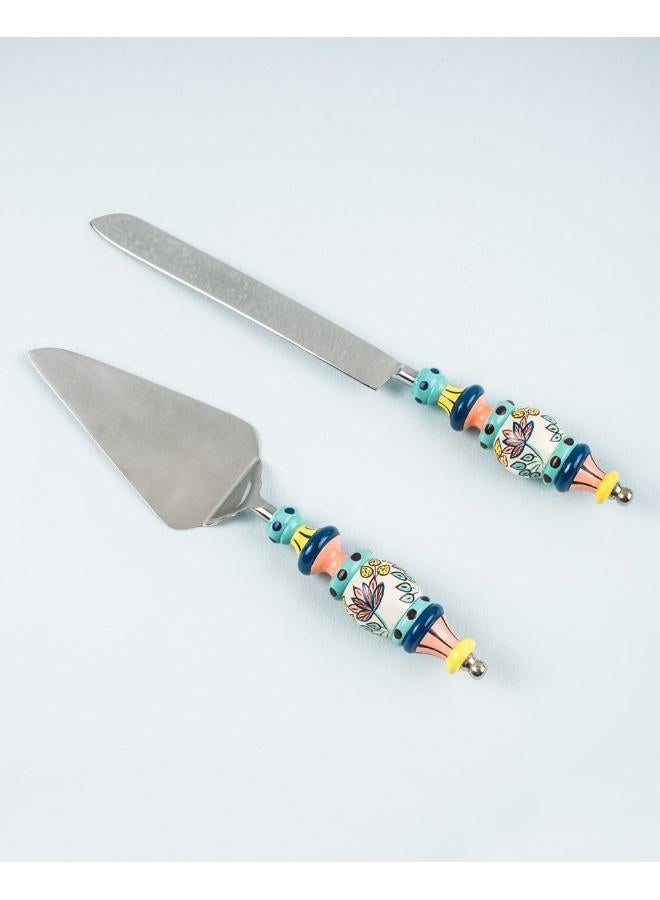 Chumbak Folk Floral Cake Server Set- Blue  - Image 1
