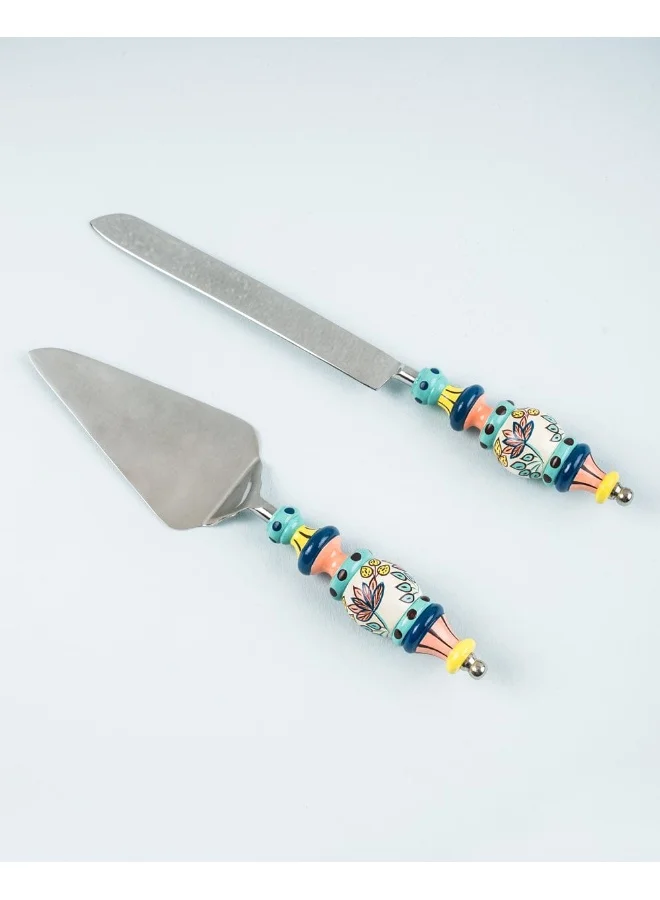 Chumbak Folk Floral Cake Server Set- Blue