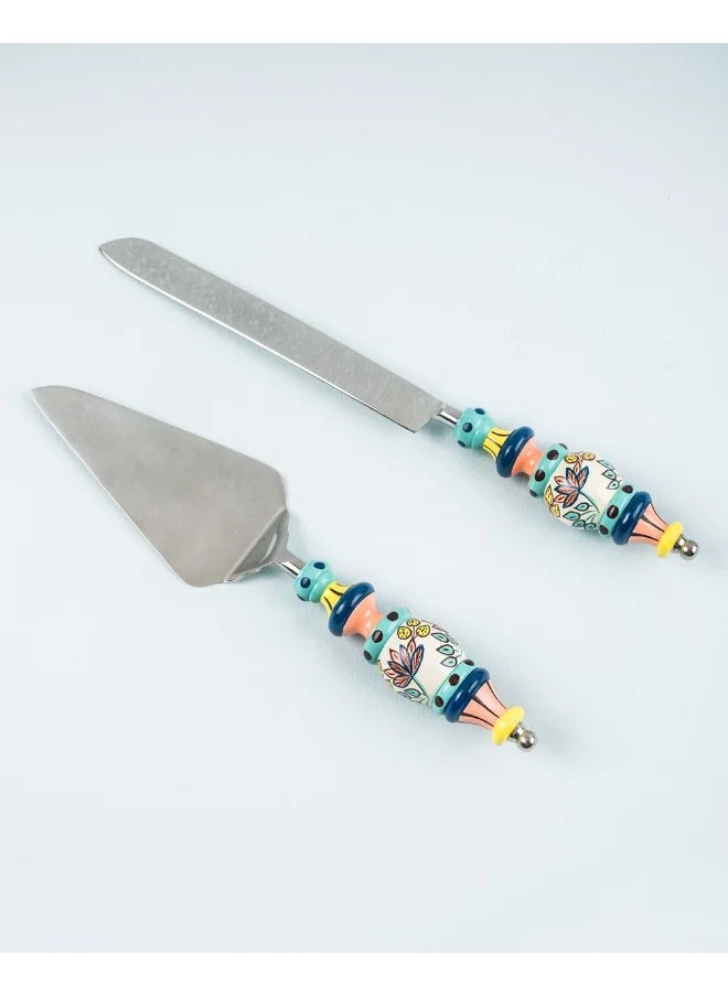 Chumbak Folk Floral Cake Server Set- Blue