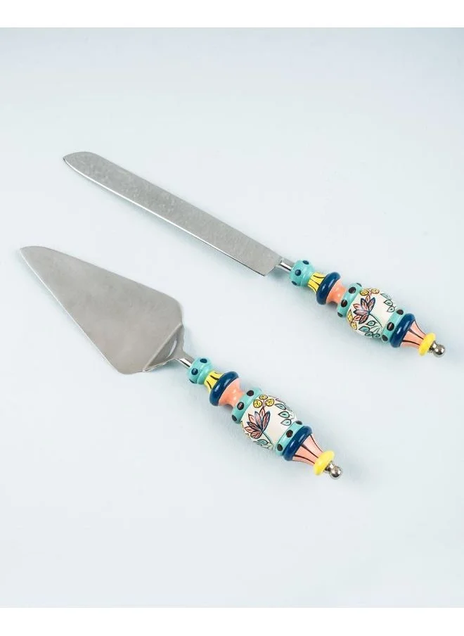 Chumbak Folk Floral Cake Server Set- Blue