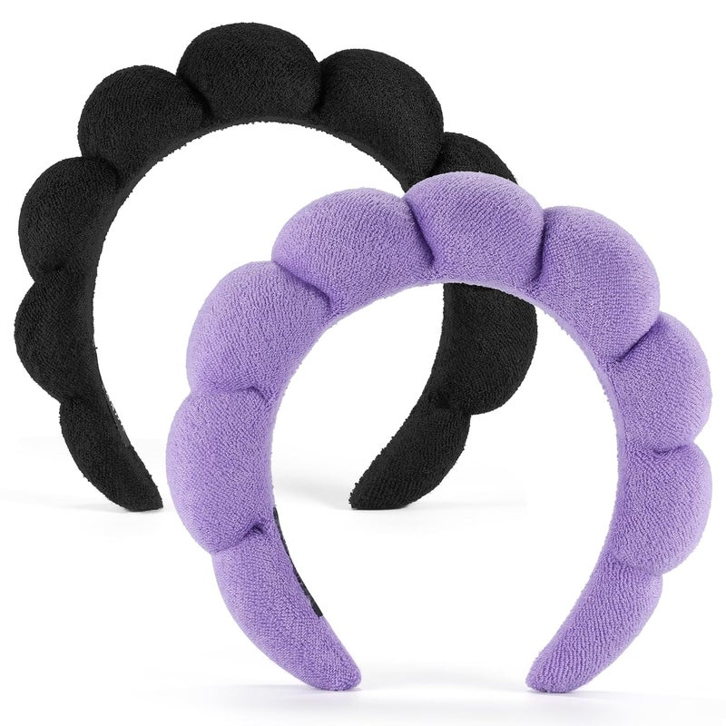 Ztomine Store Terry Cloth Spa Headbands for Washing Face or Facial, Set of 2, Black & Purple - Puffy Makeup Headbands for Face Washing, Mask, Skin Treatment - Image 1