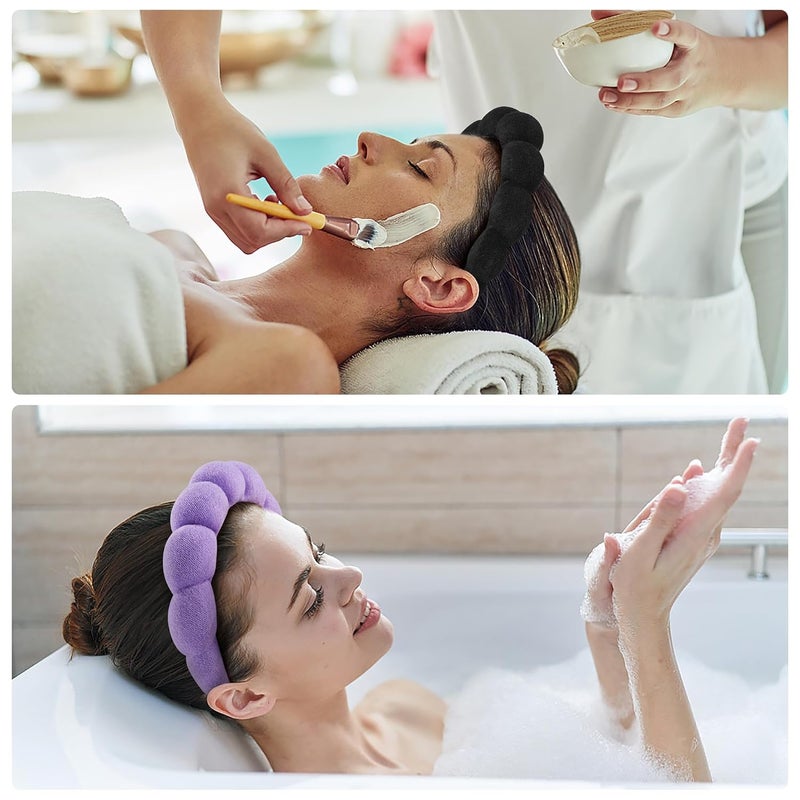 Ztomine Store Terry Cloth Spa Headbands for Washing Face or Facial, Set of 2, Black & Purple - Puffy Makeup Headbands for Face Washing, Mask, Skin Treatment - Image 2