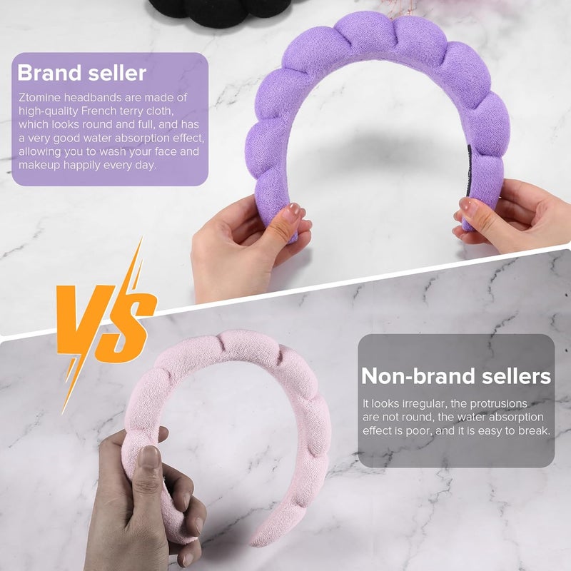 Ztomine Store Terry Cloth Spa Headbands for Washing Face or Facial, Set of 2, Black & Purple - Puffy Makeup Headbands for Face Washing, Mask, Skin Treatment - Image 3