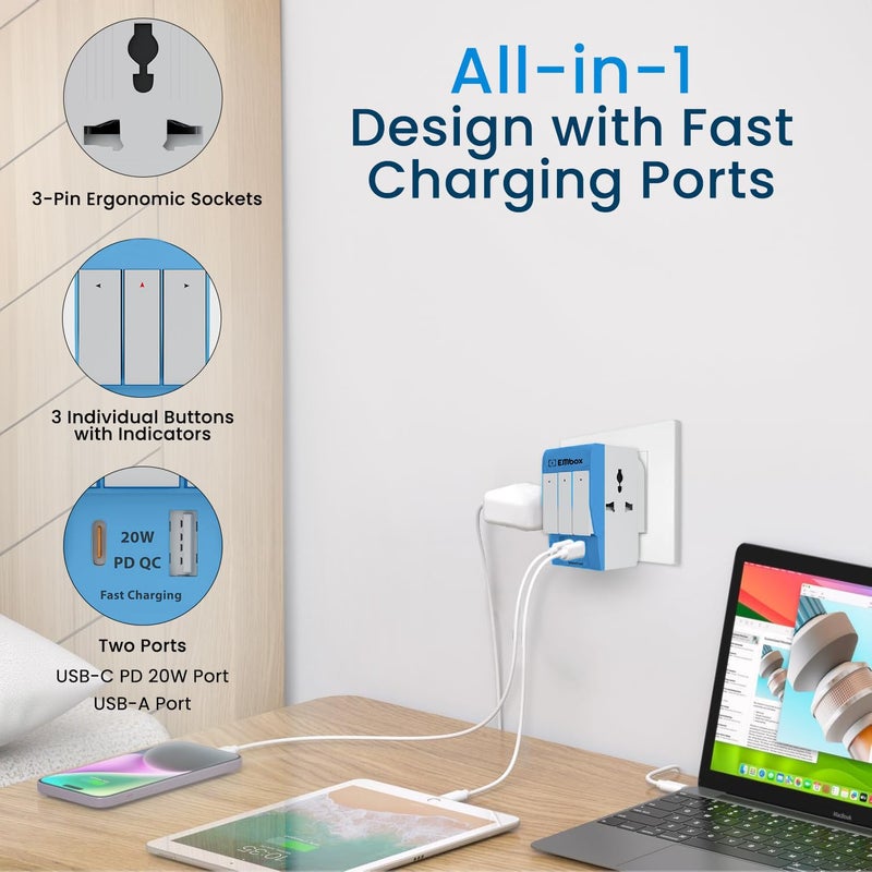 EMBOX محول متعدد المآخذ 3 دبابيس من نوع C PD مع مفتاح فردي | مقبس 3 دبابيس مع غطاء أمان وحماية من الارتفاعات الكهربائية | تمديد 3 مآخذ للاستخدام المنزلي والمكتبي والسفر-5A-250V - Image 2