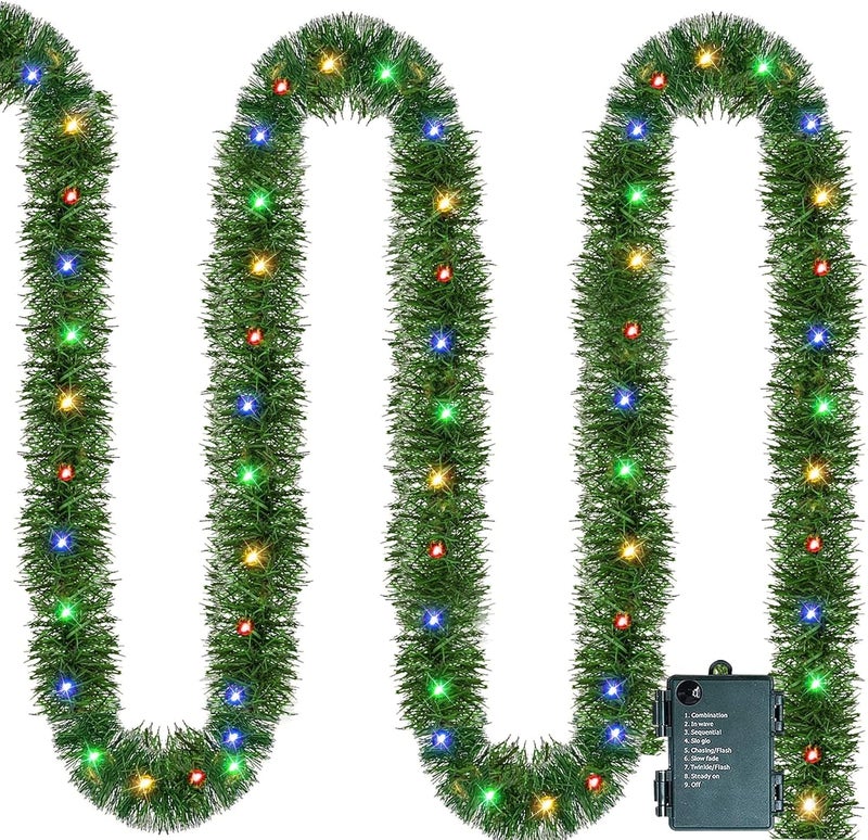 NEROSUN 14.8 FT Artificial Christmas Garland, 50 Pre-Lit LED Mini String Lights Battery Operated Xmas Garland for Home Stair Railing Indoor Wedding Party Christmas Ornament Decorations (Multi-Colored) - Image 1