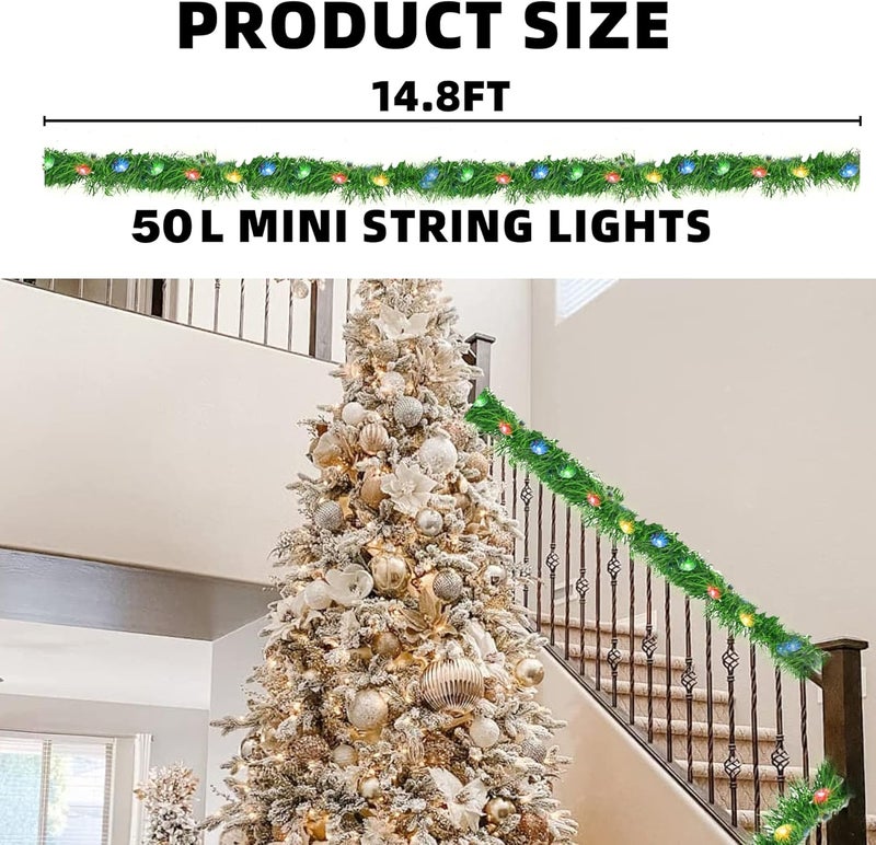 NEROSUN 14.8 FT Artificial Christmas Garland, 50 Pre-Lit LED Mini String Lights Battery Operated Xmas Garland for Home Stair Railing Indoor Wedding Party Christmas Ornament Decorations (Multi-Colored) - Image 2