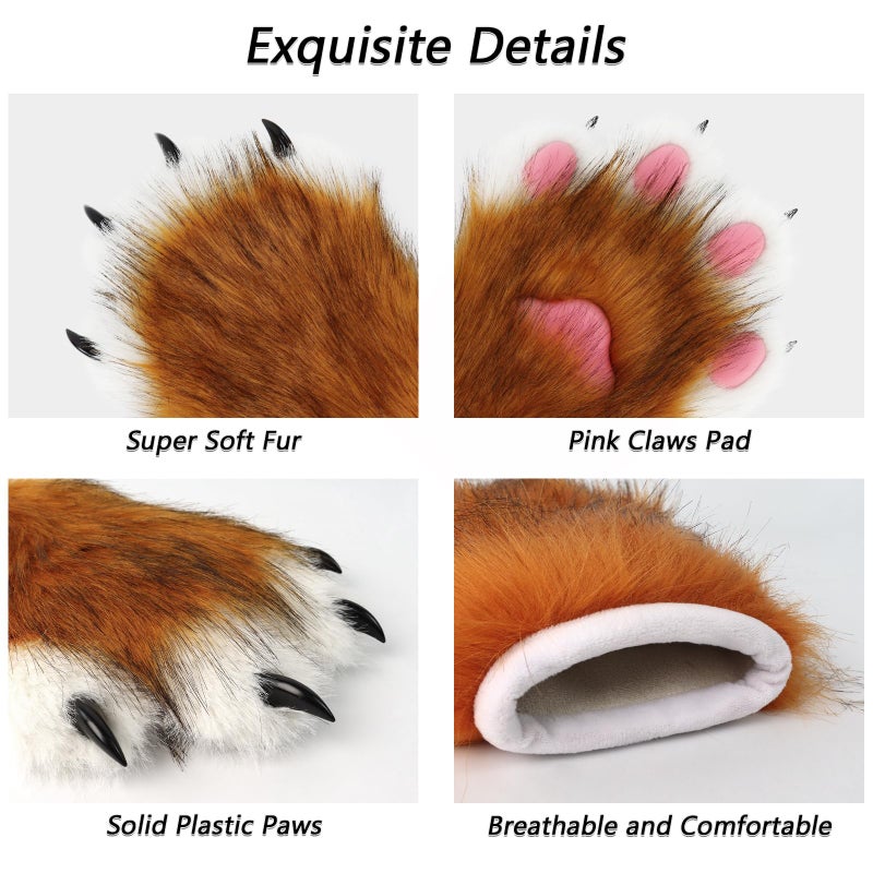 hbbhml Faux Fur Plush Furry Cat Claw Gloves Fursuit Animal Fox Paws Mittens Halloween Cosplay Costume Accessories for Adult - Image 4