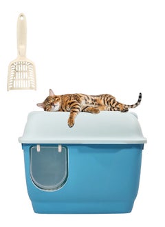 Large cat toilet with long aisle corridor style cats litter box, Fully enclosed durable cat toilet with litter scoop, Anti-Splashing, Odorless and open cover (Blue) 57 cm Long