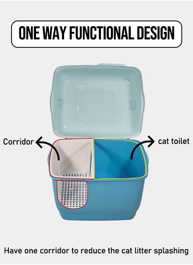MAJIBAO - Large cat toilet with long aisle corridor style cats litter box, Fully enclosed durable cat toilet with litter scoop, Anti-Splashing, Odorless and open cover (Blue) 57 cm Long - Image 1