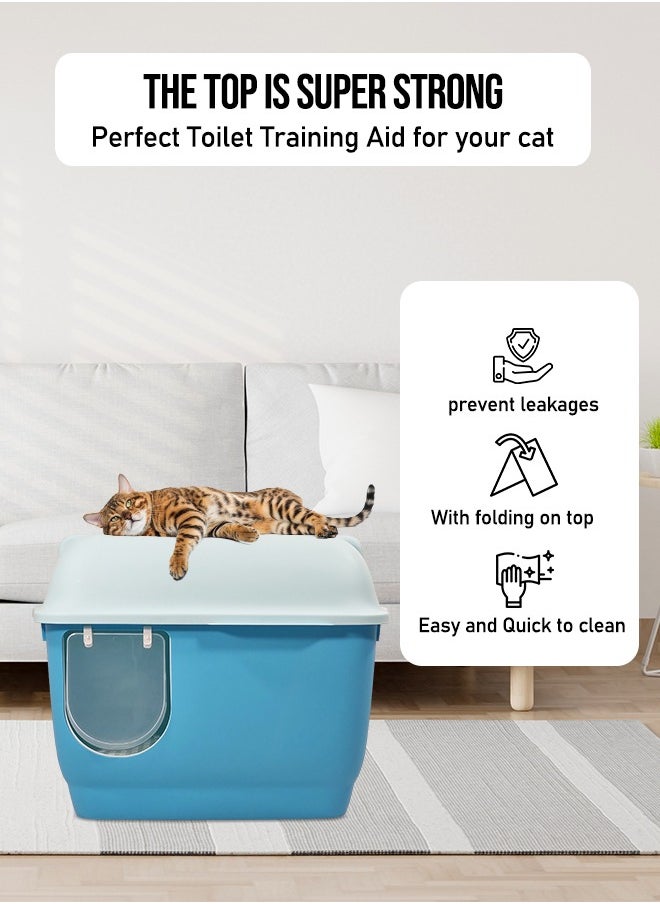 MAJIBAO - Large cat toilet with long aisle corridor style cats litter box, Fully enclosed durable cat toilet with litter scoop, Anti-Splashing, Odorless and open cover (Blue) 57 cm Long - Image 1