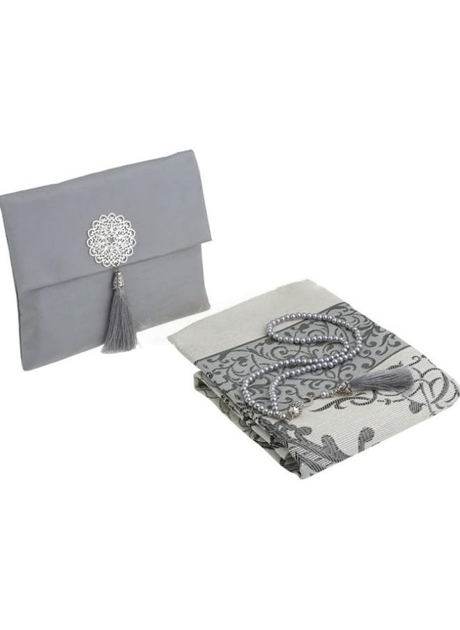 Generic - Prayer Mat Set (Grey): 3pcs, Including Prayer Rug, Prayer Beads (Tasbih) and Elegant Bag - Ideal for Daily Use and Travel - Image 1