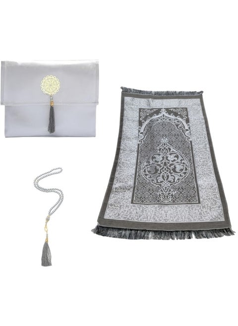 Prayer Mat Set (Grey): 3pcs, Including Prayer Rug, Prayer Beads (Tasbih) and Elegant Bag - Ideal for Daily Use and Travel