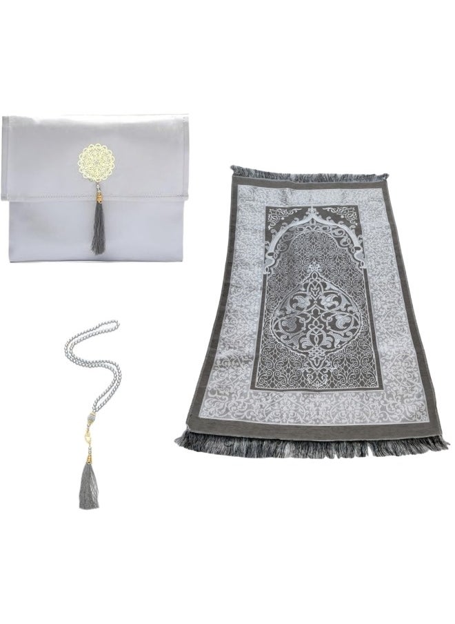 Generic - Prayer Mat Set (Grey): 3pcs, Including Prayer Rug, Prayer Beads (Tasbih) and Elegant Bag - Ideal for Daily Use and Travel - Image 1