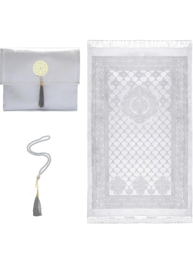 Prayer Mat Set - Grey: 3pcs, Including Prayer Rug, Prayer Beads (Tasbih) and Elegant Bag - Ideal for Daily Use and Travel  - Image 1