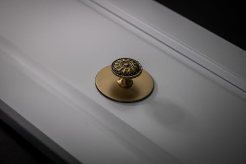 trust4care 4-Pack of Euro Style Kitchen Brushed Antique Brass Cabinet Knobs Pull - Vintage Aged Dresser Drawer Round Knobs Handles - Antique Golden Floral for Rustic Décor - Image 4