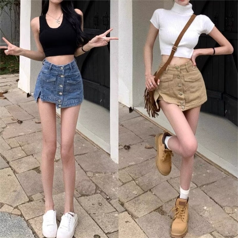 Workwear Denim Skirt 2024 Summer Womens New Hot Girl High Waist Slimming Hip Slimming A-line Pants Skirt Light blue