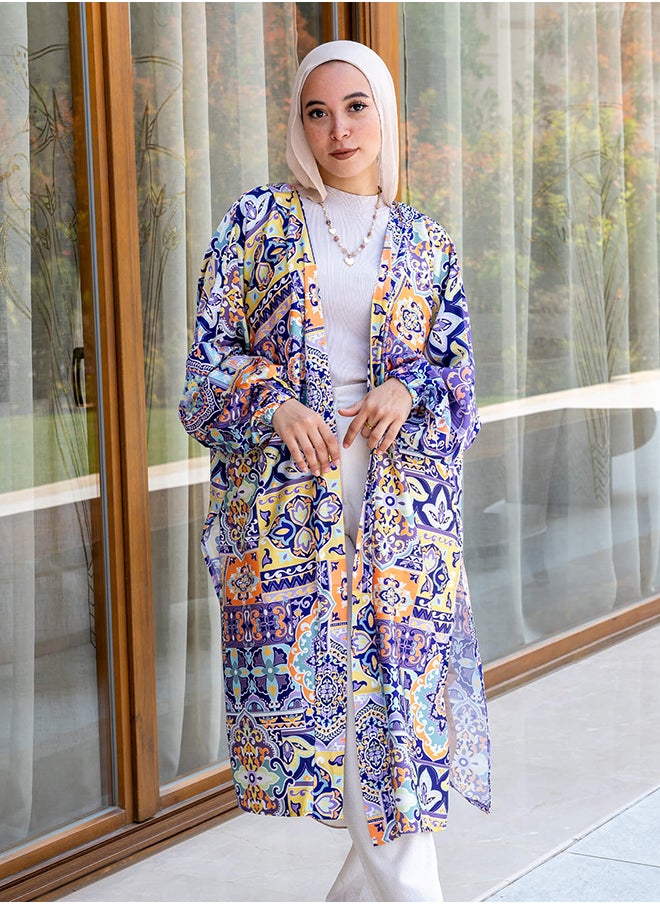 Tie Shop - Printed Satin Kimono Purple - Yellow For Women - Image 1