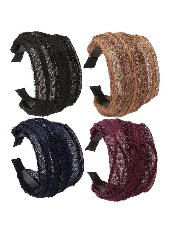 لونيدي مجموعة من 4 قطع من عصابة الرأس العريضة الصلبة مع أسنان للنساء والفتيات، عصابة شعر من القماش المطوي مع طوق شعر (ألوان مختلطة ج) - Image 2