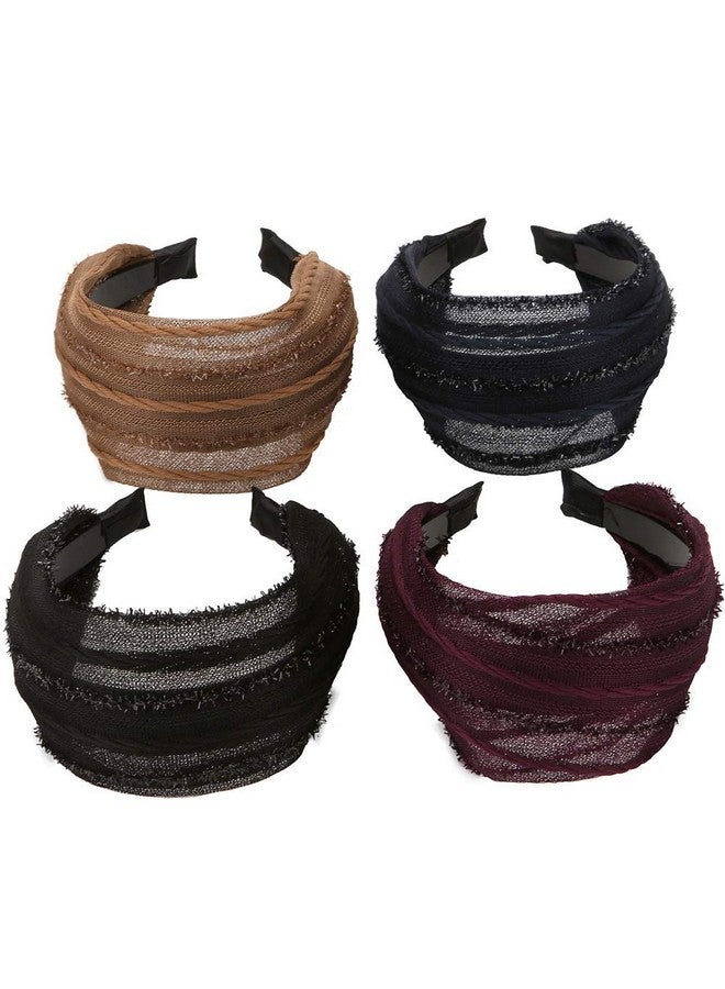لونيدي مجموعة من 4 قطع من عصابة الرأس العريضة الصلبة مع أسنان للنساء والفتيات، عصابة شعر من القماش المطوي مع طوق شعر (ألوان مختلطة ج) - Image 1