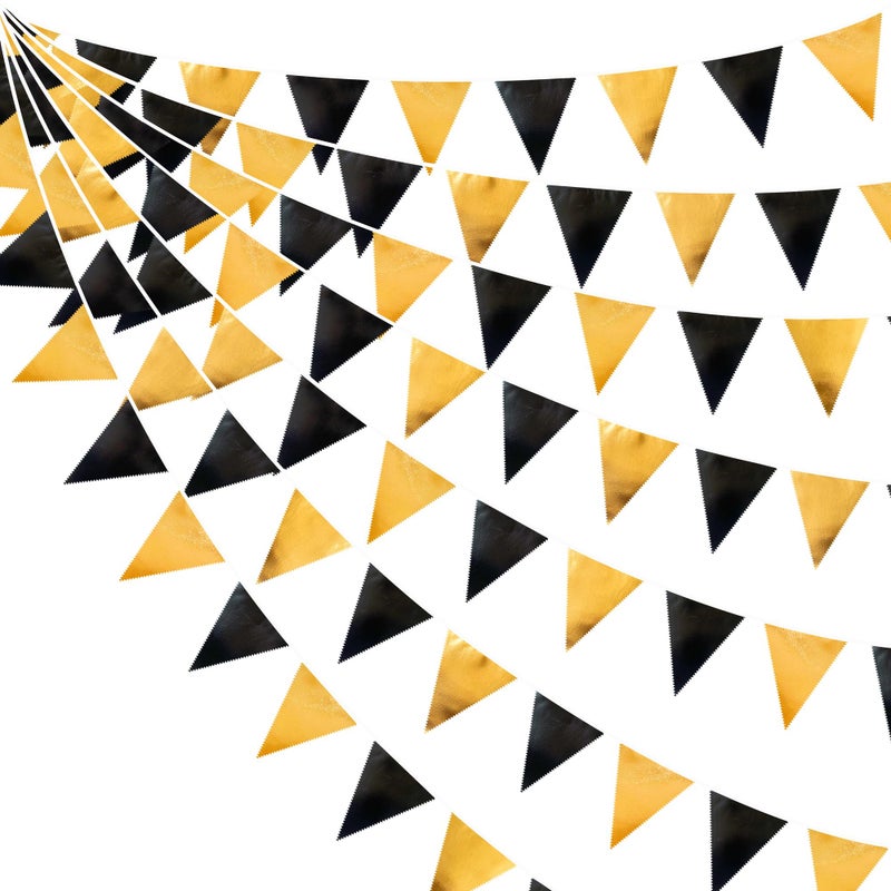 pinkblume Black and Gold Party Decorations Triangle Pennant Banner Flag Metallic Fabric Bunting Garland for Birthday Graduation Anniversary Wedding Bachelorette Bridal Shower Engagement Hen Party Supplies - Image 1