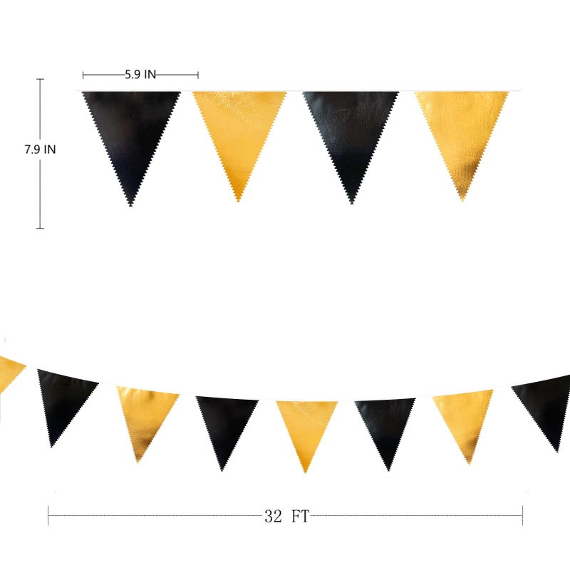 pinkblume Black and Gold Party Decorations Triangle Pennant Banner Flag Metallic Fabric Bunting Garland for Birthday Graduation Anniversary Wedding Bachelorette Bridal Shower Engagement Hen Party Supplies - Image 2