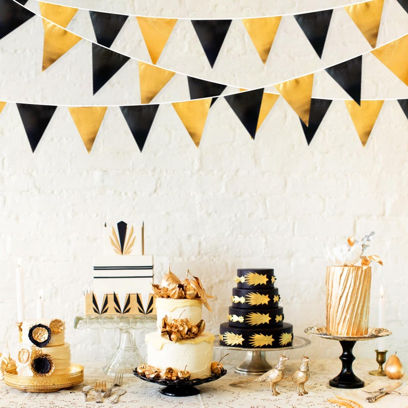 pinkblume Black and Gold Party Decorations Triangle Pennant Banner Flag Metallic Fabric Bunting Garland for Birthday Graduation Anniversary Wedding Bachelorette Bridal Shower Engagement Hen Party Supplies - Image 5